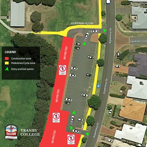 A map of the Arpenteur Drive carpark with overlay of pedestrian and parking zones.