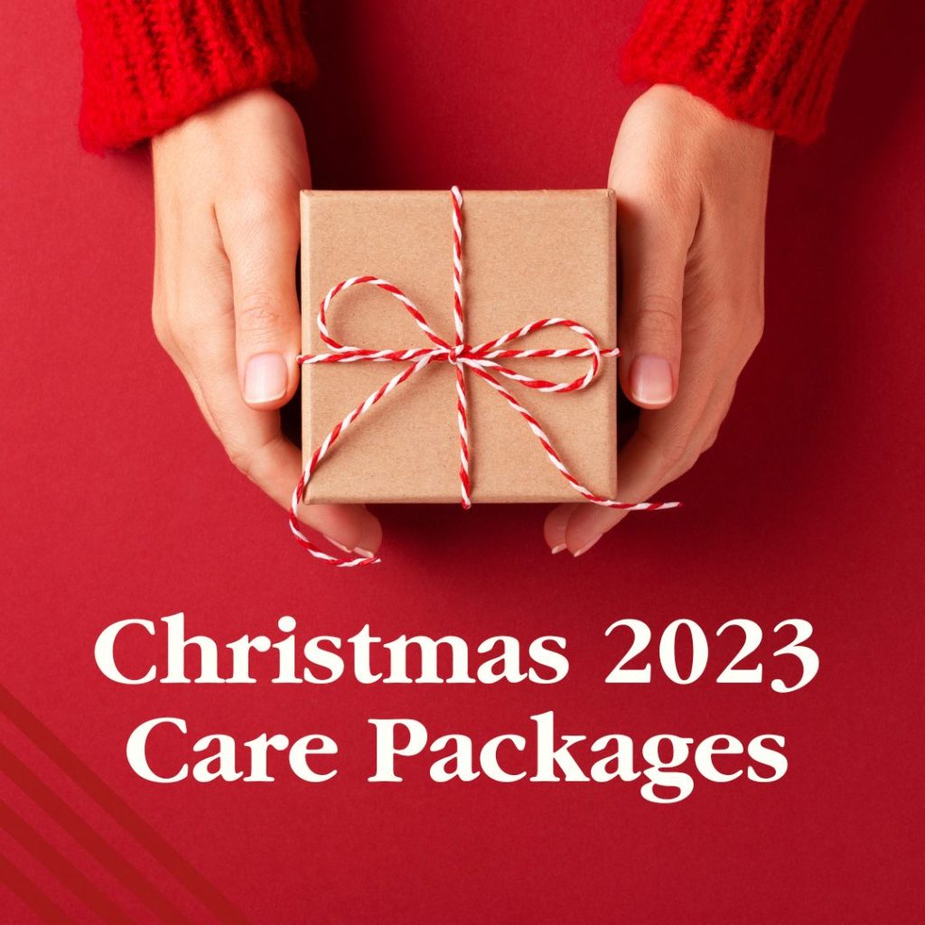 Image of a gift with headline that says Christmas 2023 Care Packages