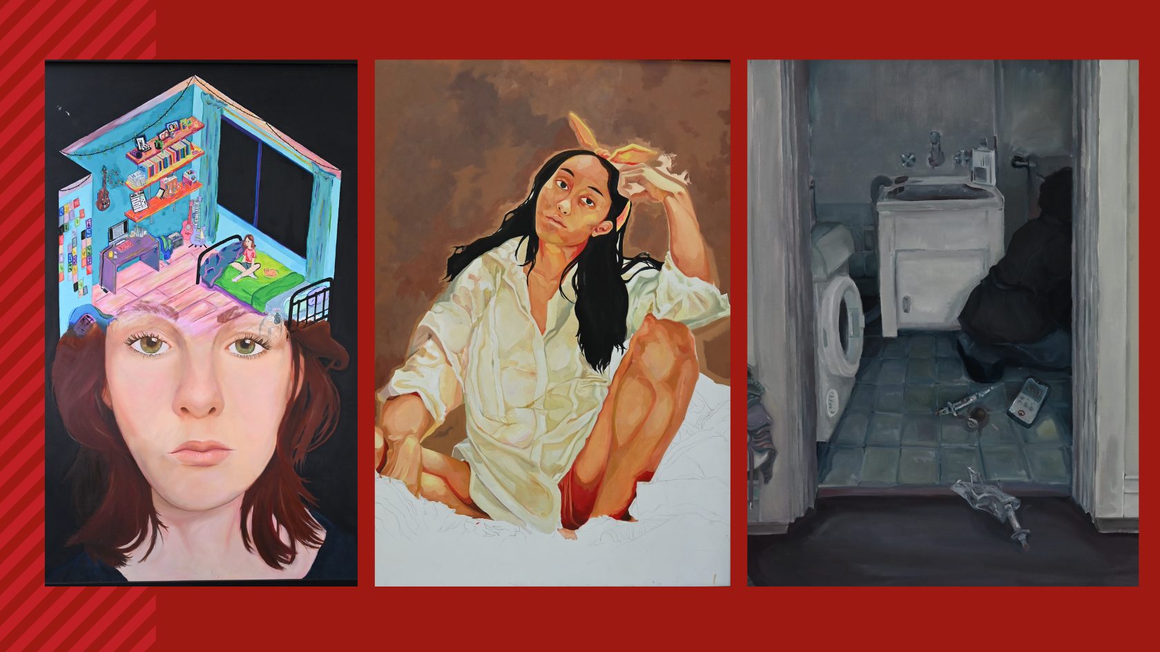 Image showing three pieces of 3 artworks by Year 11 and 12 Tranby students